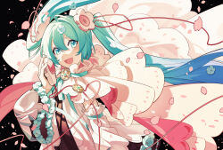 Rule 34 | 1girl, :d, aqua hair, black background, blue eyes, blue hair, cherry blossoms, commentary, detached sleeves, floating hair, gloves, gradient hair, hair between eyes, hatsune miku, highres, holding, holding microphone, long hair, long sleeves, magical mirai (vocaloid), magical mirai miku, magical mirai miku (2021), microphone, multicolored hair, open mouth, smile, solo, tsubsa syaoin, twintails, upper body, very long hair, vocaloid, white gloves, white sleeves