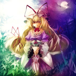 Rule 34 | 1girl, bare tree, blonde hair, bow, closed umbrella, colorful, dress, female focus, hair bow, hands on hilt, hat, hat ribbon, long hair, looking at viewer, moon, plant, planted, planted umbrella, red eyes, ribbon, smile, solo, standing, touhou, tree, ukyo rst, umbrella, wide sleeves, yakumo yukari