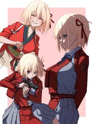 Rule 34 | 1girl, a (phrase), belt, blonde hair, breasts, brown eyes, closed mouth, closed eyes, framed, grey jacket, grey skirt, gun, hair ribbon, highres, holding, holding gun, holding weapon, jacket, japanese clothes, kame 0 0 kame, kimono, large breasts, lycoris recoil, multicolored clothes, multicolored jacket, multiple views, nishikigi chisato, parted lips, pink background, pleated skirt, red belt, red jacket, red kimono, red ribbon, red skirt, ribbon, school uniform, short hair, skirt, smile, two-tone jacket, two-tone skirt, weapon