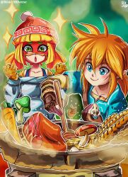 Rule 34 | arms (game), beanie, blonde hair, blue eyes, cooking, crossover, domino mask, food, green eyes, hat, highres, link, mask, meat, min min (arms), mushroom, nintendo, stoic seraphim, the legend of zelda, the legend of zelda: breath of the wild