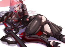 Rule 34 | 1girl, absurdres, armored bodysuit, ass, black bodysuit, bodysuit, breasts, from behind, goddess of victory: nikke, grey bodysuit, grey hair, halo, headgear, highres, holding, holding sword, holding weapon, large breasts, long hair, looking at viewer, looking back, lying, official alternate costume, on stomach, red eyes, scarlet (black shadow) (nikke), scarlet (nikke), see-through, slug 1356, solo, sword, torn clothes, weapon