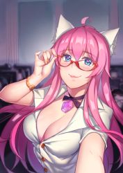 Rule 34 | 1girl, adjusting eyewear, ahoge, animal ears, blue eyes, blush, breasts, cat ears, choker, classroom, cleavage, fiodo, gem, glasses, heart, heart-shaped pupils, highres, large breasts, lipstick, long hair, looking at viewer, makeup, nail polish, original, pink hair, reaching, reaching towards viewer, red-framed eyewear, school, selfie, shirt, smile, solo focus, symbol-shaped pupils, taut clothes, taut shirt, teacher, upper body, watch, white shirt, wristwatch, xiao me