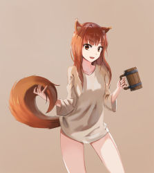 Rule 34 | 1girl, animal ears, breasts, brown eyes, brown hair, cowboy shot, cup, gan-viking, highres, holo, long hair, mug, shirt, simple background, small breasts, solo, spice and wolf, standing, tail, wolf ears, wolf tail