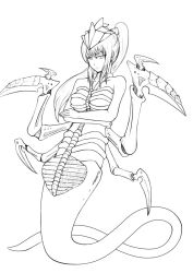 Rule 34 | 1girl, :&lt;, breasts, claws, crossed arms, dx8493489, extra arms, greyscale, lineart, monochrome, monster girl, ravener, simple background, snake, solo, tail, trygon, tyranid, warhammer 40k