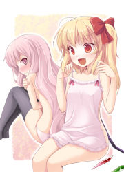 Rule 34 | 00s, 2girls, black thighhighs, blonde hair, blush, chemise, clothes in front, covering privates, crossover, fang, flandre scarlet, louise francoise le blanc de la valliere, multiple girls, nude, nude cover, nullken, panties, pink eyes, pink hair, red eyes, thighhighs, topless, touhou, underwear, underwear only, wings, zero no tsukaima