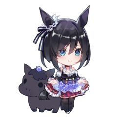 Rule 34 | 1girl, animal ears, black hair, black thighhighs, blue eyes, breasts, chibi, commentary request, creature and personification, detached sleeves, dirndl, ear scrunchie, eishin flash (racehorse), eishin flash (umamusume), full body, gassan aya, german clothes, hair between eyes, highres, horse, horse ears, horse girl, horse tail, large breasts, scrunchie, shirt, short hair, simple background, tail, thighhighs, umamusume, white background, white scrunchie, white shirt