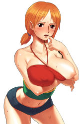 Rule 34 | 1girl, blush, breast slip, breasts, halterneck, huge breasts, midriff, momo moto, nami (one piece), nipples, one breast out, one piece, one piece: strong world, orange hair, red eyes, short hair, short shorts, short twintails, shorts, simple background, solo, sweat, tattoo, twintails