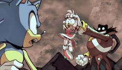 Rule 34 | 1girl, 2boys, amy rose, animal ears, cloud, cloudy sky, dr. eggman, facial hair, furry, furry female, furry male, glasses, gloves, goggles, green eyes, hand on another&#039;s head, head grab, highres, meanbeanzone, mountainous horizon, multiple boys, mustache, open mouth, pink fur, pink hair, red footwear, shaded face, sky, smile, sonic (series), sonic the hedgehog, white gloves