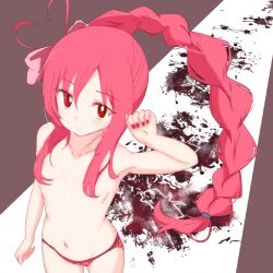 Rule 34 | 1girl, blood, blood splatter, blush, bow, braid, breasts, bright pupils, closed mouth, commentary, commentary request, cookie (touhou), cowboy shot, english commentary, expressionless, fingernails, hair between eyes, hair bow, hair over breasts, heart ahoge duo, highres, long hair, looking at viewer, majikaru yakikashi, mixed-language commentary, nail polish, panties, pink bow, pink hair, pink nails, red eyes, red panties, romaji commentary, sasorihime (cookie), side ponytail, sidelocks, small breasts, solo, topless, underwear, white pupils