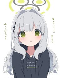 Rule 34 | 1girl, black hoodie, blue archive, blush, closed mouth, clothes writing, cross hair ornament, green eyes, grey hair, hair ornament, halo, hare (blue archive), highres, hood, hood down, hoodie, long hair, long sleeves, mochigome (ununquadium), ponytail, simple background, solo, translation request, upper body, white background