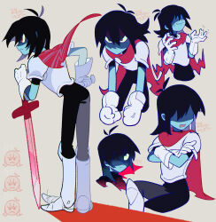 Rule 34 | 1other, anger vein, angry, armor, armored boots, black bodysuit, black hair, blue skin, bodysuit, boots, cape, clenched hands, closed mouth, colored skin, commentary, crossed arms, deltarune, full body, gloves, grey background, hair between eyes, hand on own hip, highres, knee boots, kris (deltarune), leaning forward, multiple views, open mouth, red cape, red eyes, senjochi janai, shaded face, signature, simple background, standing, sword, symbol-only commentary, tapping foot, twitter username, weapon, white footwear, white gloves