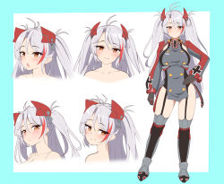 Rule 34 | 1girl, absurdres, antenna hair, azur lane, black gloves, blue background, blush, breasts, closed mouth, collarbone, cropped torso, dress, garter straps, gloves, grey dress, grey hair, hair between eyes, hand on own hip, headgear, highres, large breasts, long hair, long sleeves, moyoron, multiple views, open mouth, orange eyes, parted bangs, prinz eugen (azur lane), puffy long sleeves, puffy sleeves, sleeves past wrists, smile, standing, thighhighs, two-tone background, two side up, very long hair, white background