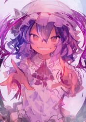Rule 34 | 1girl, absurdres, ascot, collared shirt, commentary, grin, hat, highres, kaamin (mariarose753), looking at viewer, medium hair, mob cap, outstretched arms, purple hair, red ascot, red eyes, remilia scarlet, shirt, smile, solo, touhou, upper body, white hat, white shirt