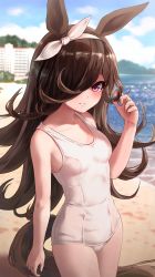 Rule 34 | 1girl, animal ears, beach, blue sky, blurry, breasts, brown hair, building, cloud, commentary request, cowboy shot, day, depth of field, hair over one eye, hairband, highres, horse ears, horse girl, horse tail, long hair, melaton, ocean, one-piece swimsuit, outdoors, red eyes, rice shower (umamusume), school swimsuit, sky, small breasts, solo, swimsuit, tail, umamusume, water, white hairband, white one-piece swimsuit