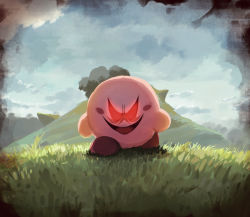 Rule 34 | cloud, cloudy sky, day, evil eyes, evil smile, frown, glowing, glowing eyes, grass, highres, kirby, kirby (series), landscape, looking at viewer, mountain, nintendo, open mouth, red eyes, sky, smile, solo, suyasuyabi, tongue, walking