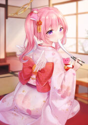 Rule 34 | 1girl, angel wings, blurry, blurry background, blush, bow, bowl, checkered sash, chopsticks, commentary request, commission, depth of field, eating, feathered wings, floral print, food, hair between eyes, halo, holding, holding bowl, holding chopsticks, indie virtual youtuber, indoors, japanese clothes, kimono, long hair, long sleeves, looking at viewer, looking back, mashiro mayu, mini wings, mochi, mochi trail, nikoo, obi, pink hair, pixiv commission, print kimono, purple eyes, red bow, sash, solo, twintails, virtual youtuber, white kimono, white wings, wide sleeves, wings