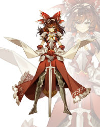 Rule 34 | adapted costume, armor, armored boots, boots, bow, breasts, bright pupils, brown eyes, brown hair, detached sleeves, full body, gauntlets, hair bow, hair tubes, hakurei reimu, hare (yamihuji), long hair, looking at viewer, medium breasts, planted sword, planted, red bow, red shirt, red skirt, shide, shirt, shoulder armor, skirt, smile, sword, tabard, touhou, weapon, white background, white pupils, wide sleeves, zoom layer