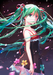 Rule 34 | 1girl, cherry blossoms, dress, floating hair, flower, from side, green eyes, green hair, hair ribbon, hatsune miku, long hair, looking at viewer, matching hair/eyes, mimi n, petals, ribbon, solo, twintails, very long hair, vocaloid