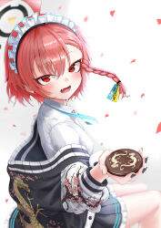 Rule 34 | 1girl, absurdres, black nails, black skirt, blue archive, blue necktie, braid, chocolate, collared shirt, ear piercing, fang, food, halo, highres, holding, holding chocolate, holding food, hood, hood down, hoodie, long hair, long sleeves, looking at viewer, maid headdress, medium hair, mole, mole under each eye, mole under eye, multiple moles, necktie, neru (blue archive), open mouth, petals, piercing, pleated skirt, red eyes, red hair, shirt, skirt, smile, solo, teeth, tongue, valentine, white shirt, yuuji1189