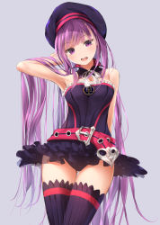 Rule 34 | 1girl, alternate hairstyle, bare shoulders, belt, blush, breasts, fate/grand order, fate (series), gluteal fold, grey background, hand in own hair, hat, helena blavatsky (fate), highres, long hair, purple eyes, purple hair, sakazakinchan, small breasts, smile, solo, thigh gap, thighhighs, thighs, very long hair