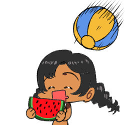 Rule 34 | 1girl, arung samudra (cessa), ball, beachball, cessa, dark-skinned female, dark skin, closed eyes, food, fruit, holding, holding food, holding fruit, lowres, ombok diving and delivery services, open mouth, simple background, smile, solo, watermelon, watermelon slice, white background