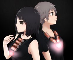 Rule 34 | 2girls, bare arms, bare shoulders, battery, black background, black hair, black shirt, bob cut, breasts, brown eyes, closed mouth, commentary request, english text, female focus, frown, glowing, grey hair, heart, heart necklace, jewelry, large breasts, looking away, multiple girls, necklace, original, parted lips, pendant, profile, shirt, short hair, short sleeves, sleeveless, small breasts, symbolism, upper body, yajirushi (chanoma)
