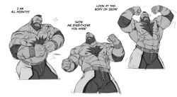 Rule 34 | 1boy, abs, bara, beard, belt, chest hair, clenched hands, clenched teeth, double biceps pose, facial hair, flexing, greyscale, highres, large pectorals, male focus, mohawk, monochrome, muscular, muscular male, navel, nesskain, nipples, pants, pectorals, scar, scar on arm, short hair, smile, solo, street fighter, street fighter 6, teeth, topless male, zangief