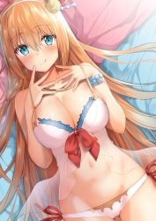Rule 34 | 1girl, ahoge, b-ginga, bare shoulders, bikini, blue eyes, blush, bracelet, breasts, cleavage, commentary request, gluteal fold, hair between eyes, hair ornament, hair ribbon, jewelry, large breasts, long hair, looking at viewer, lying, navel, on back, orange hair, pecorine (princess connect!), pecorine (summer) (princess connect!), princess connect!, ribbon, smile, solo, split mouth, stomach, swimsuit, very long hair, white bikini