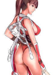 Rule 34 | 1girl, ass, bad id, bad pixiv id, breasts, brown eyes, brown hair, dodai shouji, large breasts, long hair, pelvic curtain, ponytail, rope, shimenawa, shiranui mai, sideboob, simple background, sketch, solo, the king of fighters