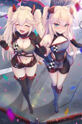 Rule 34 | 2girls, :d, admiral hipper (azur lane), ahoge, azur lane, bare shoulders, blonde hair, bluecher (azur lane), blush, boots, breasts, cleavage, closed eyes, covered erect nipples, embarrassed, flag, high heel boots, high heels, highres, holding, holding flag, iron blood (emblem), long hair, medium breasts, mole, mole under eye, multiple girls, navel, open mouth, race queen, smile, twintails, very long hair, waa! okami
