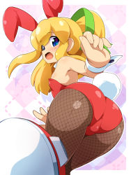 Rule 34 | 1girl, animal ears, ass, bare arms, bare shoulders, black pantyhose, blonde hair, blue eyes, breasts, fishnet pantyhose, fishnets, headband, highres, konpeto, leotard, long hair, looking at viewer, mega man (classic), mega man (series), open mouth, pantyhose, playboy bunny, rabbit ears, rabbit tail, red headband, red leotard, roll (mega man), small breasts, solo, tail, wrist cuffs
