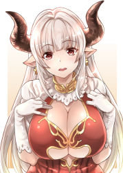 Rule 34 | 10s, 1girl, :d, alicia (granblue fantasy), blunt bangs, blush, breasts, cleavage, cleavage cutout, clothing cutout, cross, cross earrings, curvy, draph, dress, earrings, elbow gloves, eyebrows, gloves, gradient background, gradient hair, granblue fantasy, hands on own chest, happy, hip focus, horns, jewelry, lace, lace-trimmed dress, lace-trimmed gloves, lace trim, large breasts, long hair, looking at viewer, mature female, multicolored hair, mushi024, neck ring, no bra, open mouth, outside border, pointy ears, red dress, red eyes, short sleeves, sidelocks, silver hair, smile, solo, straight hair, underboob, underboob cutout, upper body, very long hair, white gloves