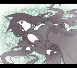 Rule 34 | 1girl, animal ear fluff, animal ears, arknights, black dress, black gloves, black hair, black sleeves, black vest, breasts, collarbone, commentary request, detached sleeves, drawstring, dress, eyes visible through hair, flower, gloves, hair over one eye, hand up, highres, kyoro (kyoroillust), letterboxed, long hair, looking at viewer, lying, medium breasts, melantha (arknights), on back, open clothes, open vest, purple eyes, single detached sleeve, single sleeve, solo, very long hair, vest, white flower