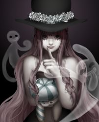 Rule 34 | 1girl, bare shoulders, braid, dress, eyelashes, flower, ghost, hat, hat flower, jin (jintomato), kumacy, kuraigana island, long hair, looking at viewer, one piece, perona, pink hair, smile, solo, strapless, strapless dress, stuffed animal, stuffed toy, teddy bear, top hat, very long hair