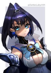 Rule 34 | 1girl, absurdres, blue bow, blue hair, bow, bow earrings, breasts, chain, cleavage, cleavage cutout, clothing cutout, dante minos, detached sleeves, earrings, hair behind ear, hair intakes, highres, hololive, hololive english, jewelry, large breasts, looking to the side, ouro kronii, portrait, short hair, solo, twitter username, virtual youtuber