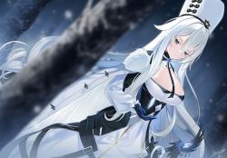 Rule 34 | 1girl, azur lane, black gloves, black necktie, blue eyes, blurry, blurry foreground, breasts, cape, cleavage, closed mouth, commentary request, cowboy shot, dress, dutch angle, floating, floating object, fur hat, gloves, hair between eyes, hair flaps, hat, highres, holding, holding staff, jacket, large breasts, long dress, long hair, long sleeves, looking at viewer, megumi kei, military hat, necktie, papakha, partial commentary, sidelocks, signature, snow, snowing, solo, sovetsky soyuz (azur lane), staff, standing, tree, white cape, white dress, white hair, white hat