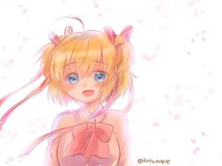 Rule 34 | 1girl, :d, ahoge, blonde hair, bloom, blue eyes, blush, bow, commentary request, eyes visible through hair, falling petals, hair between eyes, hair ribbon, kamikita komari, little busters!, long ribbon, looking at viewer, micchi (koto maple), open mouth, petals, pink bow, red ribbon, ribbon, short hair, simple background, smile, solo, sweater, twitter username, two side up, upper body, white background, yellow sweater
