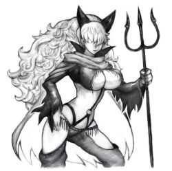 Rule 34 | 1girl, breasts, cape, cleavage cutout, clothing cutout, curly hair, fringe trim, greyscale, hair over eyes, horns, impel down, large breasts, long hair, monochrome, one piece, polearm, revealing clothes, sadi-chan, solo, teruki, thighs, trident, weapon