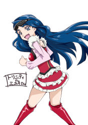 Rule 34 | 00s, 1girl, blue eyes, blue hair, boots, chinen miyuki, corset, cosplay, dress, fresh precure!, glasses, long hair, looking at viewer, matching hair/eyes, minazuki karen, miyuki (fresh precure!), miyuki (fresh precure!) (cosplay), open mouth, pink dress, precure, red skirt, shirt, simple background, skirt, smile, solo, sunglasses, taroimo (takesan), thigh boots, thighhighs, white background, yes! precure 5