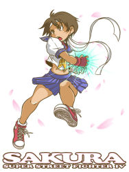 Rule 34 | 1990s (style), 1girl, bad id, bad pixiv id, blue sailor collar, brown eyes, brown hair, capcom, cherry blossoms, converse, english text, full body, hadouken, headband, heggy, heggy (heggy labo), highres, kasugano sakura, legs, open mouth, pleated skirt, retro artstyle, sailor collar, school uniform, shoes, short hair, simple background, skirt, sneakers, solo, street fighter, street fighter iv (series), street fighter zero (series), white background