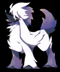 Rule 34 | animal focus, black background, closed mouth, creatures (company), full body, furfrou, game freak, gen 6 pokemon, kou11021301, looking at viewer, nintendo, no humans, pokemon, pokemon (creature), red eyes, simple background, solo, standing, symbol-only commentary