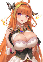 Rule 34 | 1girl, blush, bow, breasts, brooch, cleavage, cleavage cutout, clothing cutout, dress, fang, highres, hololive, horn bow, horn ornament, horns, jewelry, kiryu coco, kiryu coco (1st costume), large breasts, long hair, looking at viewer, nhaliz, open mouth, orange hair, purple eyes, red eyes, short sleeves, smile, virtual youtuber, white background