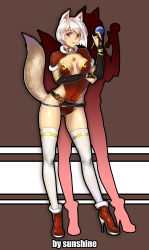 Rule 34 | 1girl, absurdres, animal ears, artist name, bell, belt, bow, breast hold, breasts, bridal gauntlets, capelet, christmas, cleavage, collar, contrapposto, covered navel, eyeshadow, heart, heart-shaped pupils, high heels, highres, inubashiri momiji, jingle bell, leotard, looking at viewer, makeup, medium breasts, orange eyes, parted lips, red leotard, short hair, solo, standing, sunshine (1638509769), swept bangs, symbol-shaped pupils, tail, thighhighs, touhou, white hair, white thighhighs, wolf ears, wolf tail