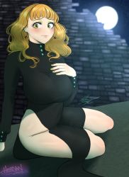 Rule 34 | 1girl, alternate costume, black clover, blush, breasts, castle, dress, embarrassed, female focus, green eyes, hand on breast, highres, large breasts, long hair, looking at viewer, makeup, mimosa vermillion, no pants, orange hair, ornament, ruins, sitting, solo, thick thighs, thighs, uniform