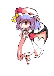 Rule 34 | 1girl, bat wings, black eyes, bow, chibi, closed mouth, collar, collared dress, dairi, dress, full body, hair between eyes, hands up, hat, hat ribbon, looking to the side, mob cap, no shoes, pink eyes, puffy short sleeves, puffy sleeves, purple hair, red bow, red ribbon, remilia scarlet, ribbon, short hair, short sleeves, simple background, smile, socks, solo, standing, tachi-e, touhou, transparent background, white background, white dress, white hat, white sleeves, white socks, wings, wrist cuffs
