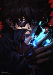 Rule 34 | 1boy, black hair, black jacket, blue eyes, blue fire, boku no hero academia, closed mouth, commentary request, dabi (boku no hero academia), dated, ear piercing, fire, hair between eyes, hand up, jacket, kosumi, long sleeves, looking at viewer, male focus, nose piercing, patchwork skin, piercing, pyrokinesis, red background, signature, simple background, sleeves past wrists, smile, solo, stitches, upper body