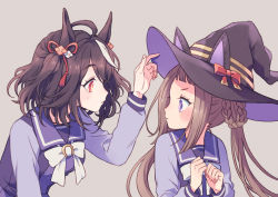 Rule 34 | 2girls, ahoge, animal ear headwear, animal ears, bow, bowtie, brown hair, commentary request, eye contact, fake animal ears, grey background, hair ribbon, hair rings, hands up, hat, hat bow, highres, horse ears, kitasan black (umamusume), komasawa (fmn-ppp), long hair, long sleeves, looking at another, multicolored hair, multiple girls, parted lips, purple eyes, purple shirt, red eyes, ribbon, sailor collar, school uniform, shirt, short hair, simple background, streaked hair, sweep tosho (umamusume), tracen school uniform, twintails, umamusume, upper body, white bow, white bowtie, witch hat
