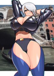 Rule 34 | 1girl, akisu k, angel (kof), armpits, arms behind head, arms up, backless pants, blue eyes, bra, breasts, chaps, cleavage, crop top, cropped jacket, hair over one eye, hands in hair, jacket, large breasts, leather, leather jacket, looking at viewer, midriff, navel, panties, pants, short hair, smile, snk, solo, strapless, strapless bra, the king of fighters, the king of fighters xiv, thighs, toned, underwear, white hair