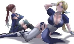 2girls arm_support blonde_hair blue_eyes breasts brown_eyes brown_hair choker cleavage commentary cosplay costume_switch dead_or_alive dress english_commentary female_focus fundoshi helena_douglas helena_douglas_(cosplay) hidora1716 high_ponytail highres japanese_clothes kasumi_(doa) kasumi_(doa)_(cosplay) large_breasts long_hair looking_at_viewer lying matching_hair/eyes multiple_girls obi on_side pelvic_curtain ponytail sash shadow sidelocks simple_background sitting smile team_ninja tecmo thighhighs white_background white_choker white_thighhighs wide_hips