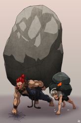 Rule 34 | 1boy, 1girl, absurdres, akuma (street fighter), arm behind back, barefoot, bea (pokemon), beads, black hairband, bodysuit, boulder, breasts, cleavage, closed eyes, commentary request, creatures (company), crossover, dark-skinned female, dark skin, dougi, downblouse, exercising, full body, game freak, glowing, glowing eyes, grey hair, ground shatter, gym leader, hairband, highres, jmg, martial arts belt, medium breasts, muscular, muscular female, nervous sweating, nintendo, pokemon, pokemon swsh, prayer beads, push-ups, red eyes, red hair, rope belt, street fighter, sweat, toes, topknot, veins